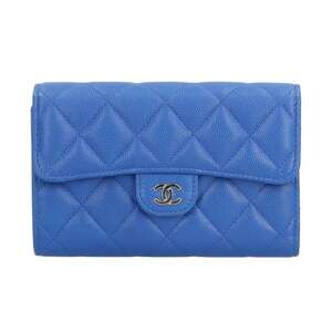 CHANEL Authentic Blue Caviar Leather Wallet